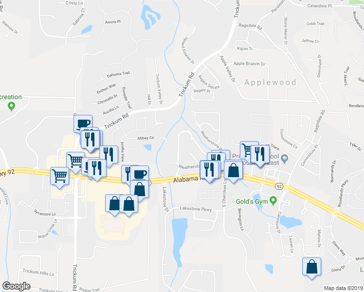 map of restaurants, bars, coffee shops, grocery stores, and more near 347 Weatherstone Place in Woodstock