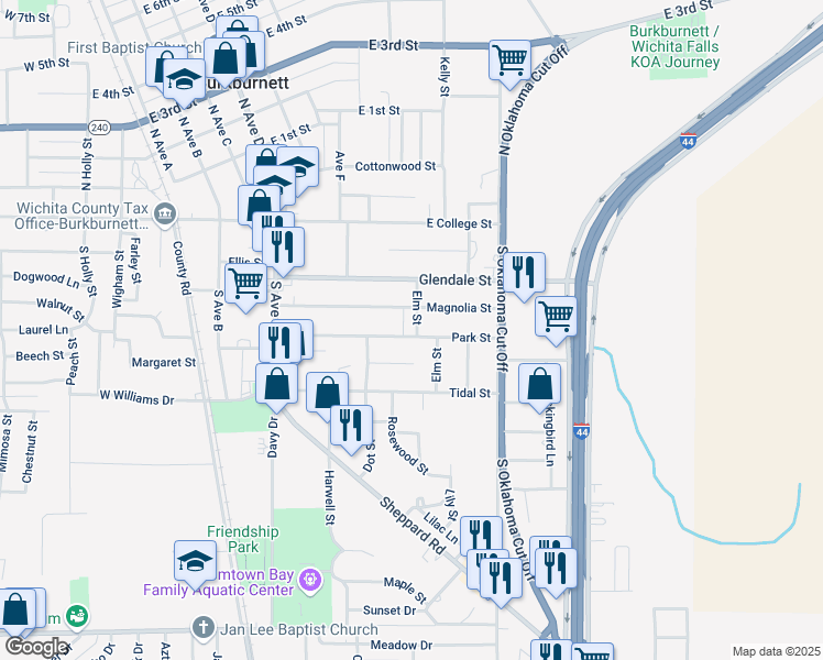 map of restaurants, bars, coffee shops, grocery stores, and more near 617 Park Street in Burkburnett