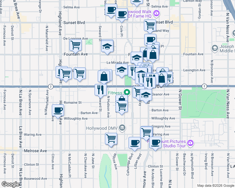 map of restaurants, bars, coffee shops, grocery stores, and more near 1030 Wilcox Avenue in Los Angeles