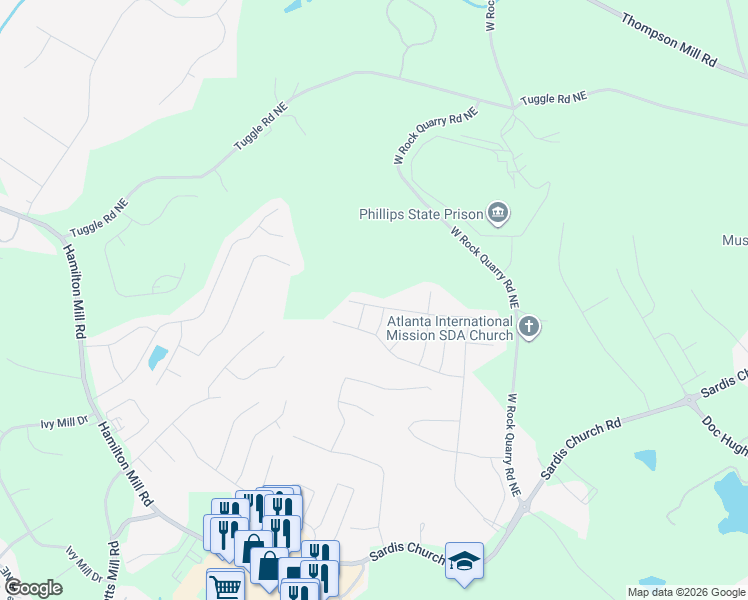 map of restaurants, bars, coffee shops, grocery stores, and more near 2701 River Cane Way in Buford