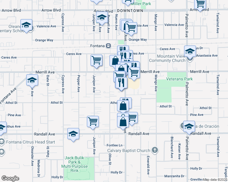 map of restaurants, bars, coffee shops, grocery stores, and more near 9023 Olive Street in Fontana