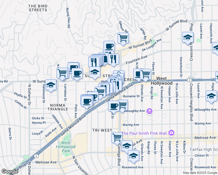 map of restaurants, bars, coffee shops, grocery stores, and more near 8553 West Knoll Drive in West Hollywood