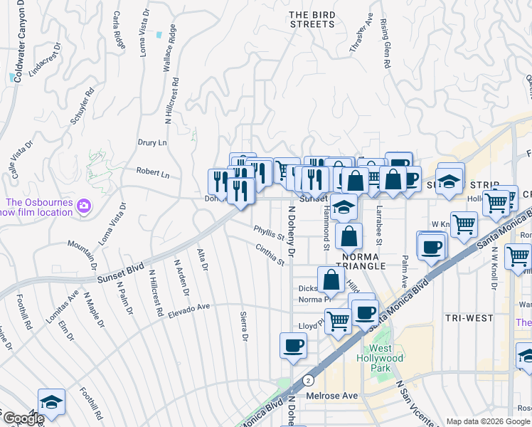 map of restaurants, bars, coffee shops, grocery stores, and more near 1033 Carol Drive in West Hollywood