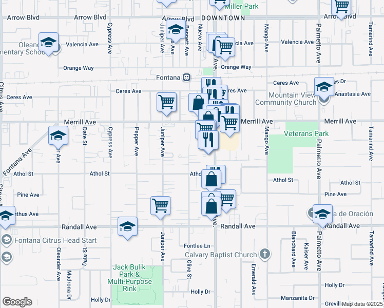 map of restaurants, bars, coffee shops, grocery stores, and more near 9023 Olive Street in Fontana
