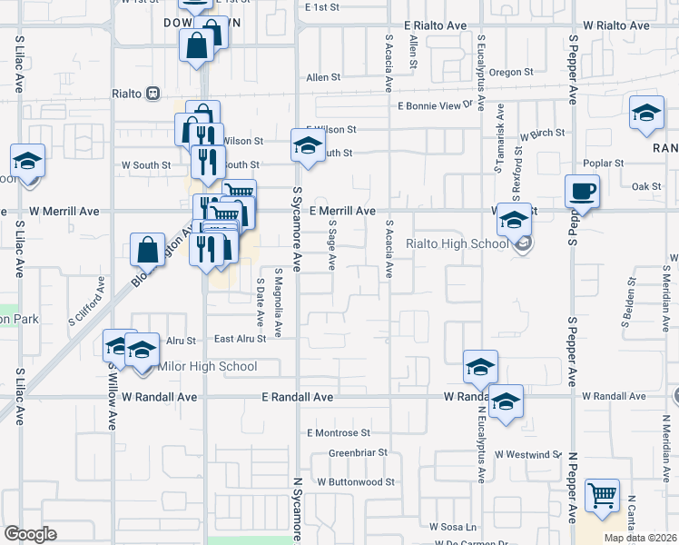 map of restaurants, bars, coffee shops, grocery stores, and more near 606 South Sage Avenue in Rialto