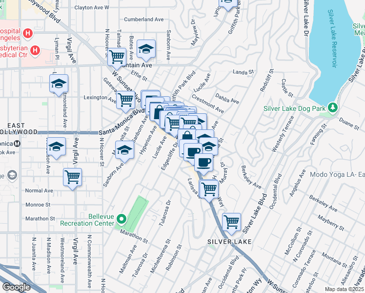 map of restaurants, bars, coffee shops, grocery stores, and more near 3707 Sunset Boulevard in Los Angeles