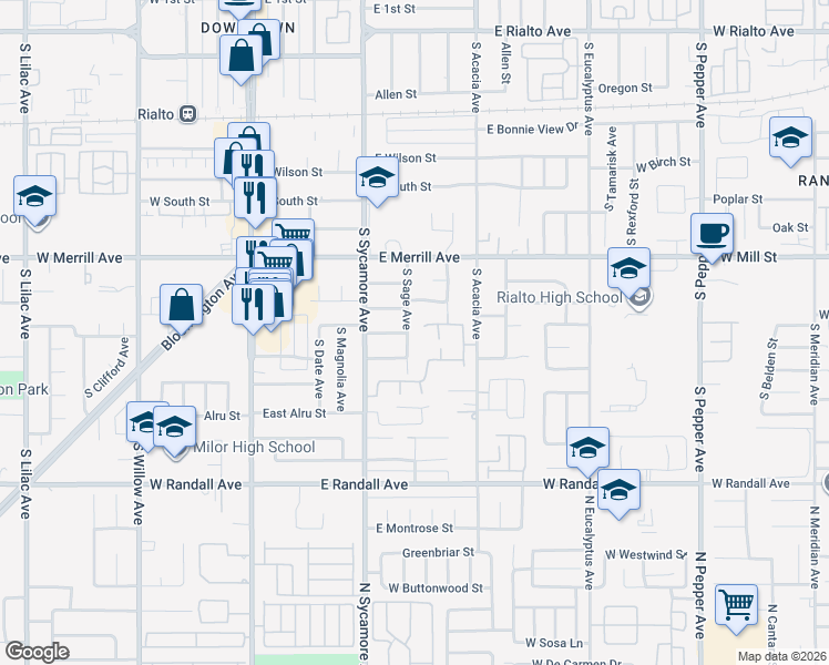 map of restaurants, bars, coffee shops, grocery stores, and more near 629 South Sage Avenue in Rialto