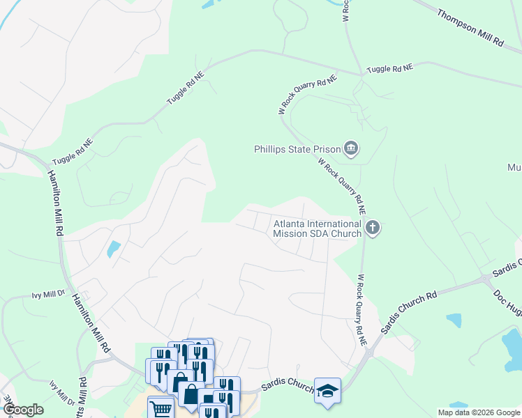 map of restaurants, bars, coffee shops, grocery stores, and more near 2701 River Cane Way in Buford