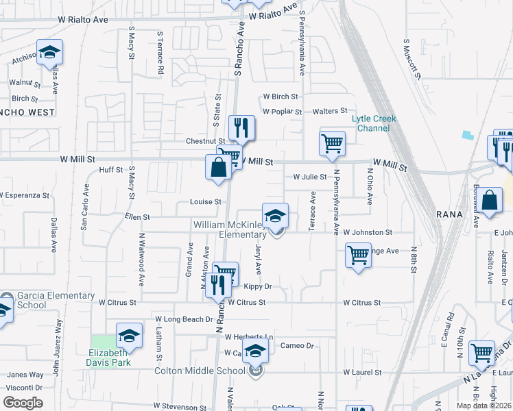 map of restaurants, bars, coffee shops, grocery stores, and more near 698 Avenida Monterey in Colton