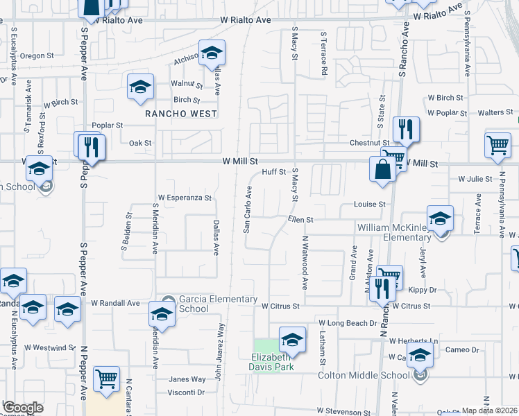 map of restaurants, bars, coffee shops, grocery stores, and more near 606 San Benito Avenue in Colton