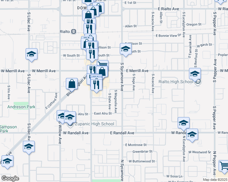 map of restaurants, bars, coffee shops, grocery stores, and more near 226 East Orchard Street in Rialto