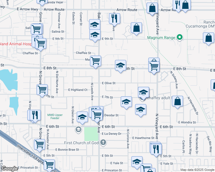 map of restaurants, bars, coffee shops, grocery stores, and more near 1655 East Olive Street in Ontario