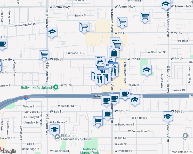 map of restaurants, bars, coffee shops, grocery stores, and more near 311 S Mountain Ave in Upland