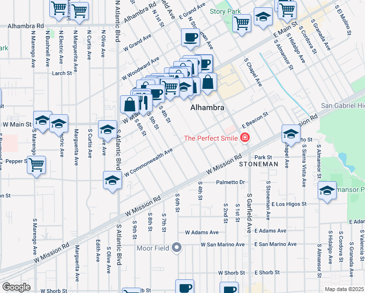 map of restaurants, bars, coffee shops, grocery stores, and more near 211 South 4th Street in Alhambra
