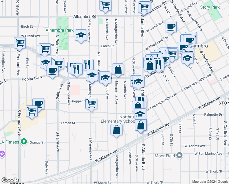 map of restaurants, bars, coffee shops, grocery stores, and more near 33 Marguerita Avenue in Alhambra