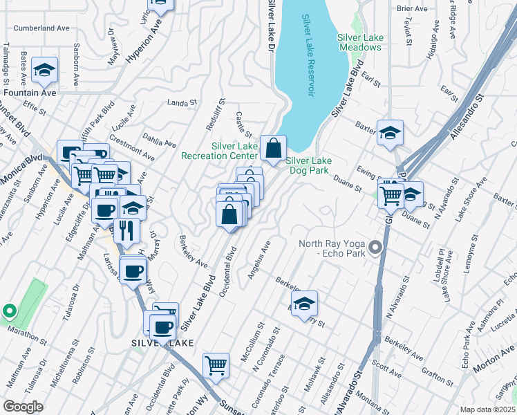 map of restaurants, bars, coffee shops, grocery stores, and more near 1753 Silver Lake Boulevard in Los Angeles