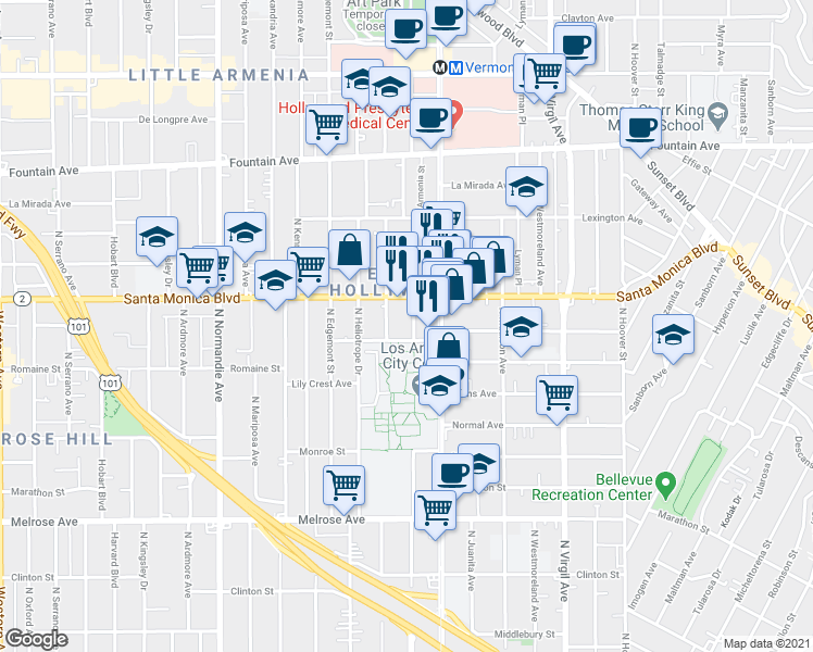 map of restaurants, bars, coffee shops, grocery stores, and more near 1033 North New Hampshire Avenue in Los Angeles