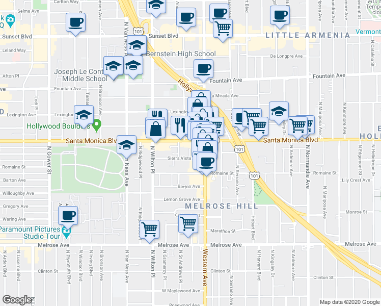 map of restaurants, bars, coffee shops, grocery stores, and more near in Los Angeles