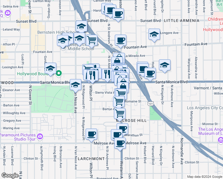 map of restaurants, bars, coffee shops, grocery stores, and more near in Los Angeles