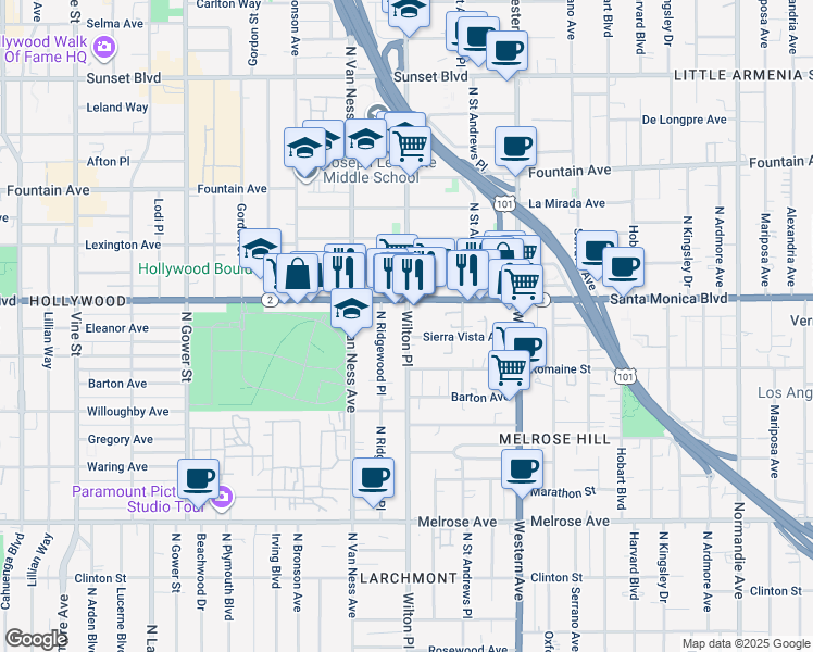 map of restaurants, bars, coffee shops, grocery stores, and more near in Los Angeles