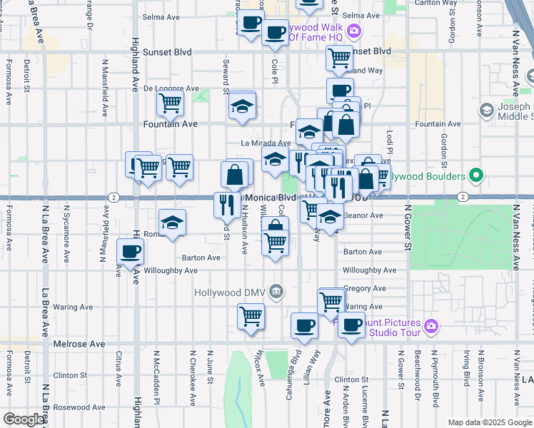 map of restaurants, bars, coffee shops, grocery stores, and more near in Los Angeles