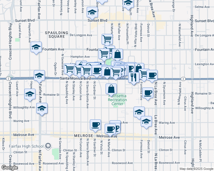 map of restaurants, bars, coffee shops, grocery stores, and more near in West Hollywood