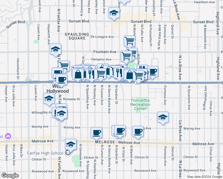 map of restaurants, bars, coffee shops, grocery stores, and more near 1065 North Sierra Bonita Avenue in West Hollywood
