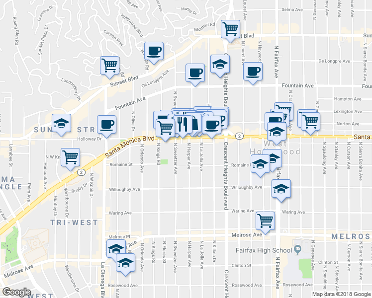 map of restaurants, bars, coffee shops, grocery stores, and more near 8278 Santa Monica Boulevard in West Hollywood