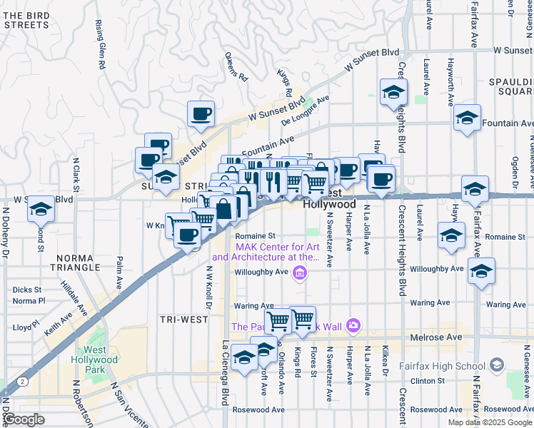 map of restaurants, bars, coffee shops, grocery stores, and more near in West Hollywood