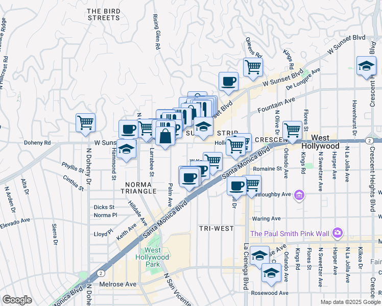 map of restaurants, bars, coffee shops, grocery stores, and more near 8701-8729 Holloway Drive in West Hollywood
