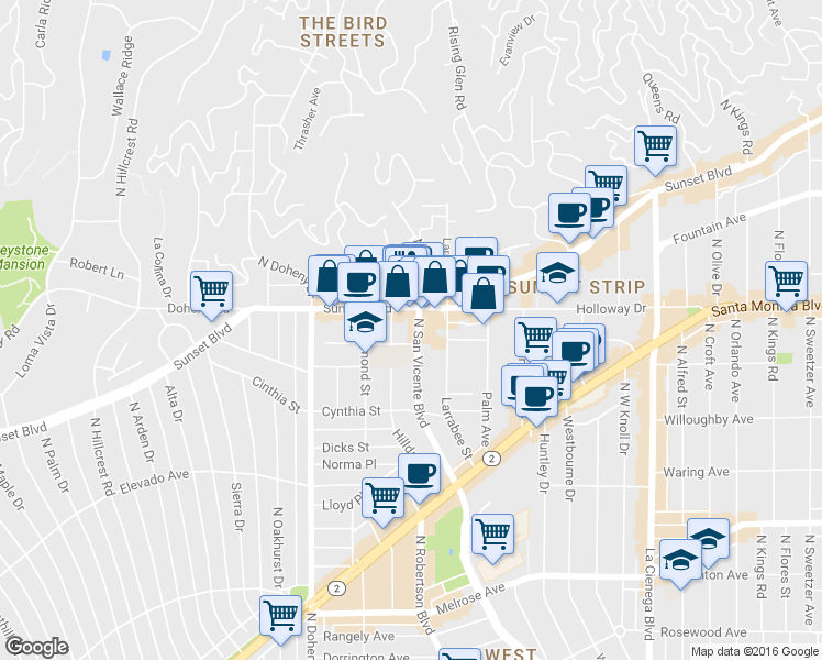 map of restaurants, bars, coffee shops, grocery stores, and more near 8906 Sunset Boulevard in West Hollywood