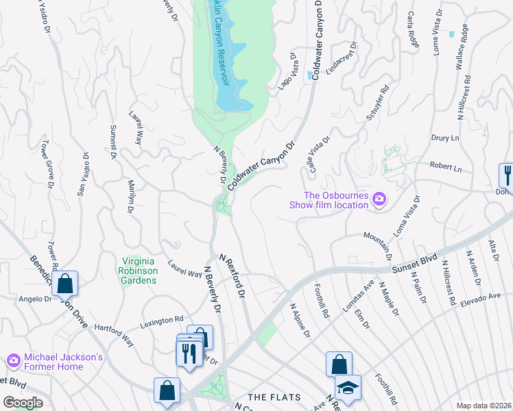 map of restaurants, bars, coffee shops, grocery stores, and more near 976 North Alpine Drive in Beverly Hills