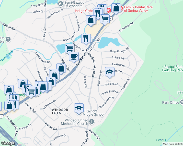 map of restaurants, bars, coffee shops, grocery stores, and more near 9827 Windsor Lake Boulevard in Columbia