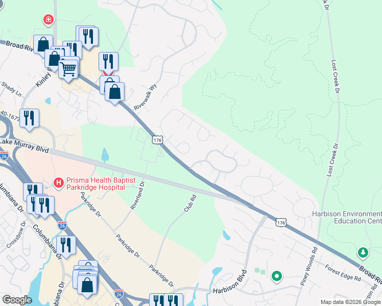 map of restaurants, bars, coffee shops, grocery stores, and more near 57 Bradstone Circle in Irmo
