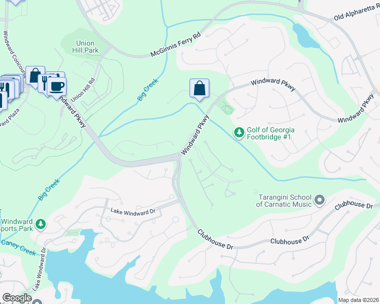 map of restaurants, bars, coffee shops, grocery stores, and more near 15 Club Court in Alpharetta