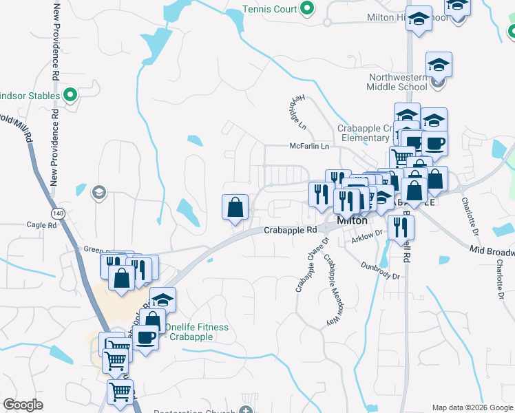 map of restaurants, bars, coffee shops, grocery stores, and more near 12629 Lecoma Trace in Milton
