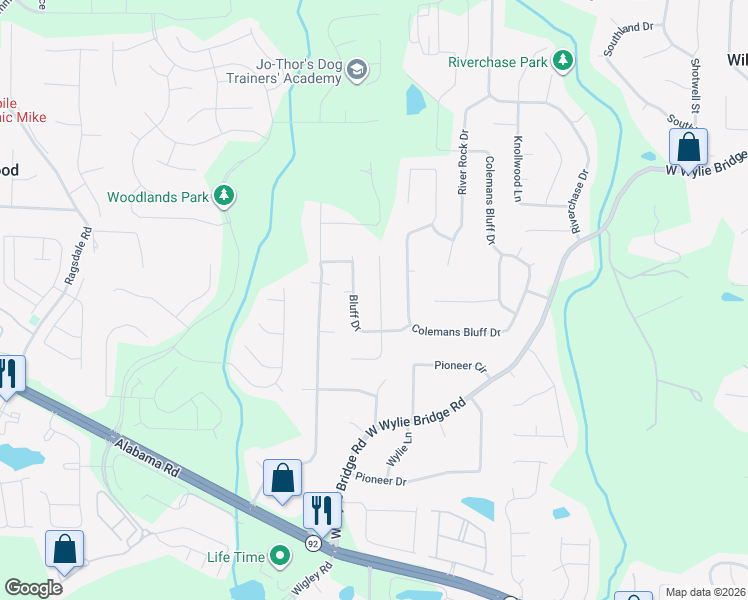map of restaurants, bars, coffee shops, grocery stores, and more near 523 Bluff Court in Woodstock