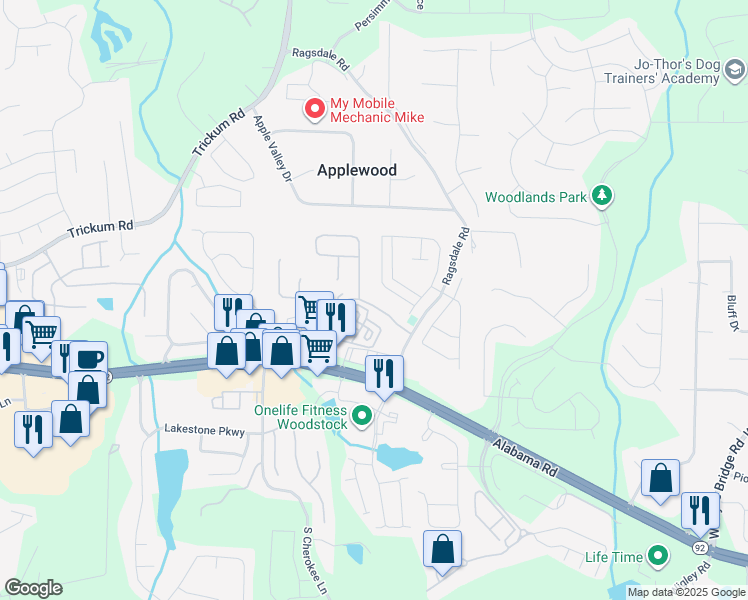 map of restaurants, bars, coffee shops, grocery stores, and more near 176 Cornerstone Circle in Woodstock