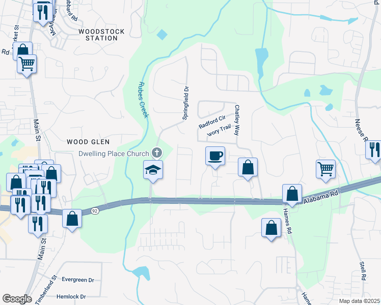 map of restaurants, bars, coffee shops, grocery stores, and more near 315 Lakeside Lane in Woodstock