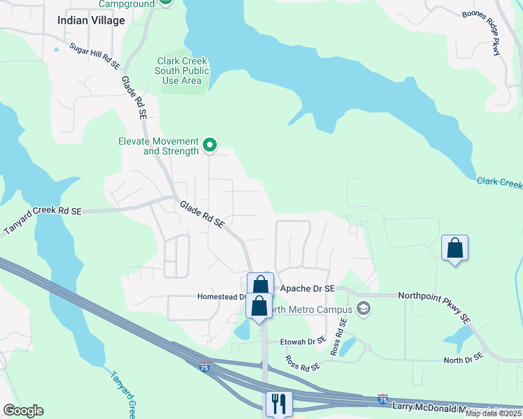 map of restaurants, bars, coffee shops, grocery stores, and more near 4380 Navajo Lane in Acworth