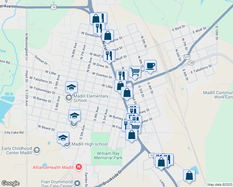 map of restaurants, bars, coffee shops, grocery stores, and more near 208 West Lillie Boulevard in Madill