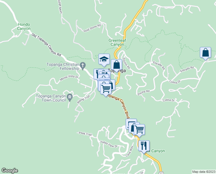 map of restaurants, bars, coffee shops, grocery stores, and more near 122 North Topanga Canyon Boulevard in Topanga