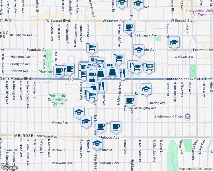 map of restaurants, bars, coffee shops, grocery stores, and more near 1032 North Sycamore Avenue in Los Angeles