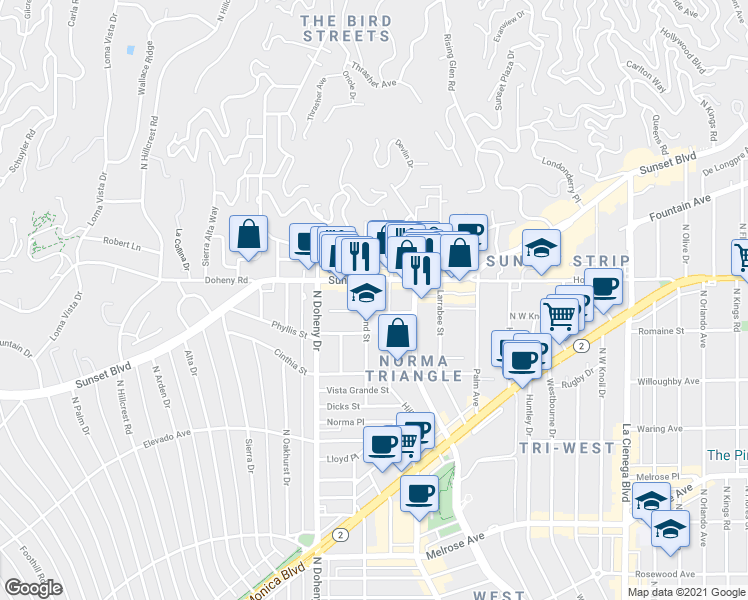 map of restaurants, bars, coffee shops, grocery stores, and more near 1012 Hammond Street in West Hollywood