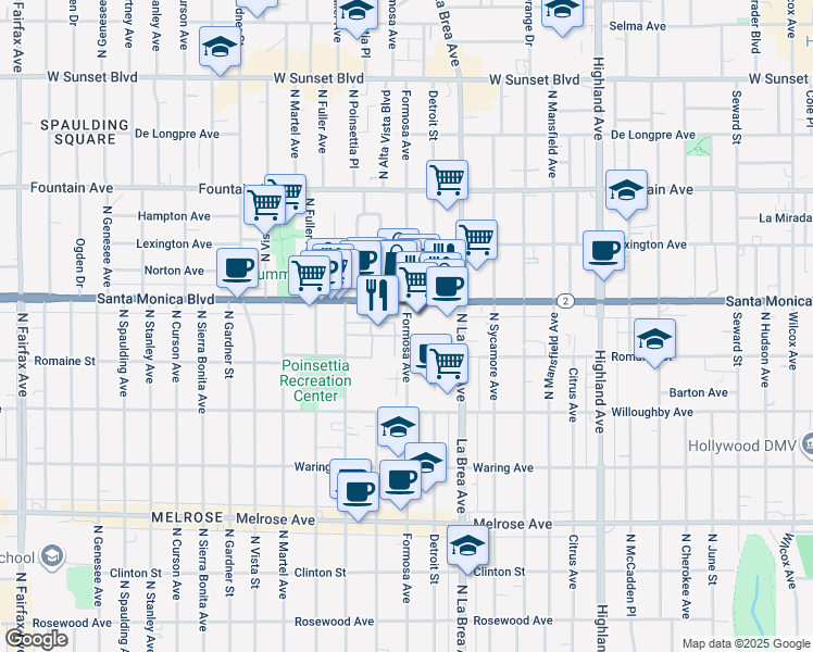 map of restaurants, bars, coffee shops, grocery stores, and more near 1041 North Formosa Avenue in West Hollywood