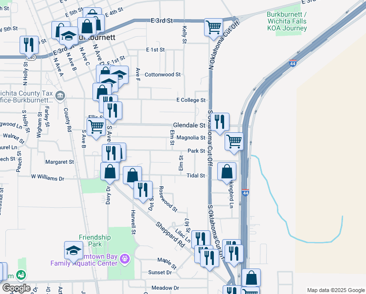 map of restaurants, bars, coffee shops, grocery stores, and more near 706 Magnolia Street in Burkburnett