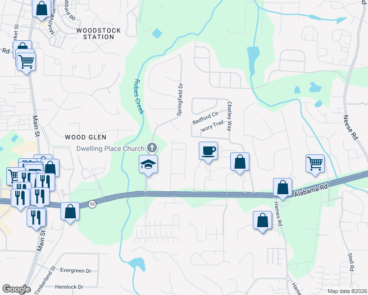 map of restaurants, bars, coffee shops, grocery stores, and more near 415 Village View in Woodstock