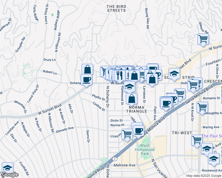 map of restaurants, bars, coffee shops, grocery stores, and more near 1014 North Doheny Drive in West Hollywood