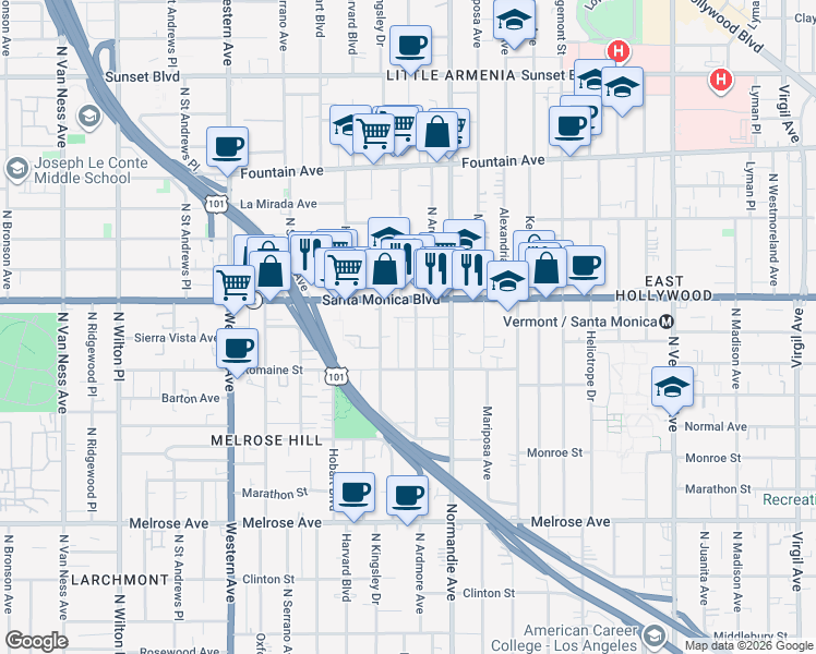 map of restaurants, bars, coffee shops, grocery stores, and more near in Los Angeles