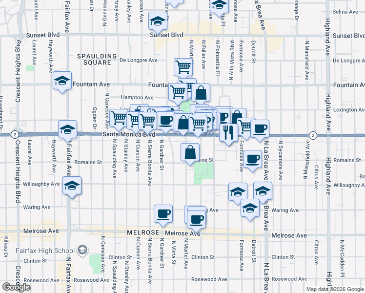 map of restaurants, bars, coffee shops, grocery stores, and more near 1041 North Martel Avenue in West Hollywood